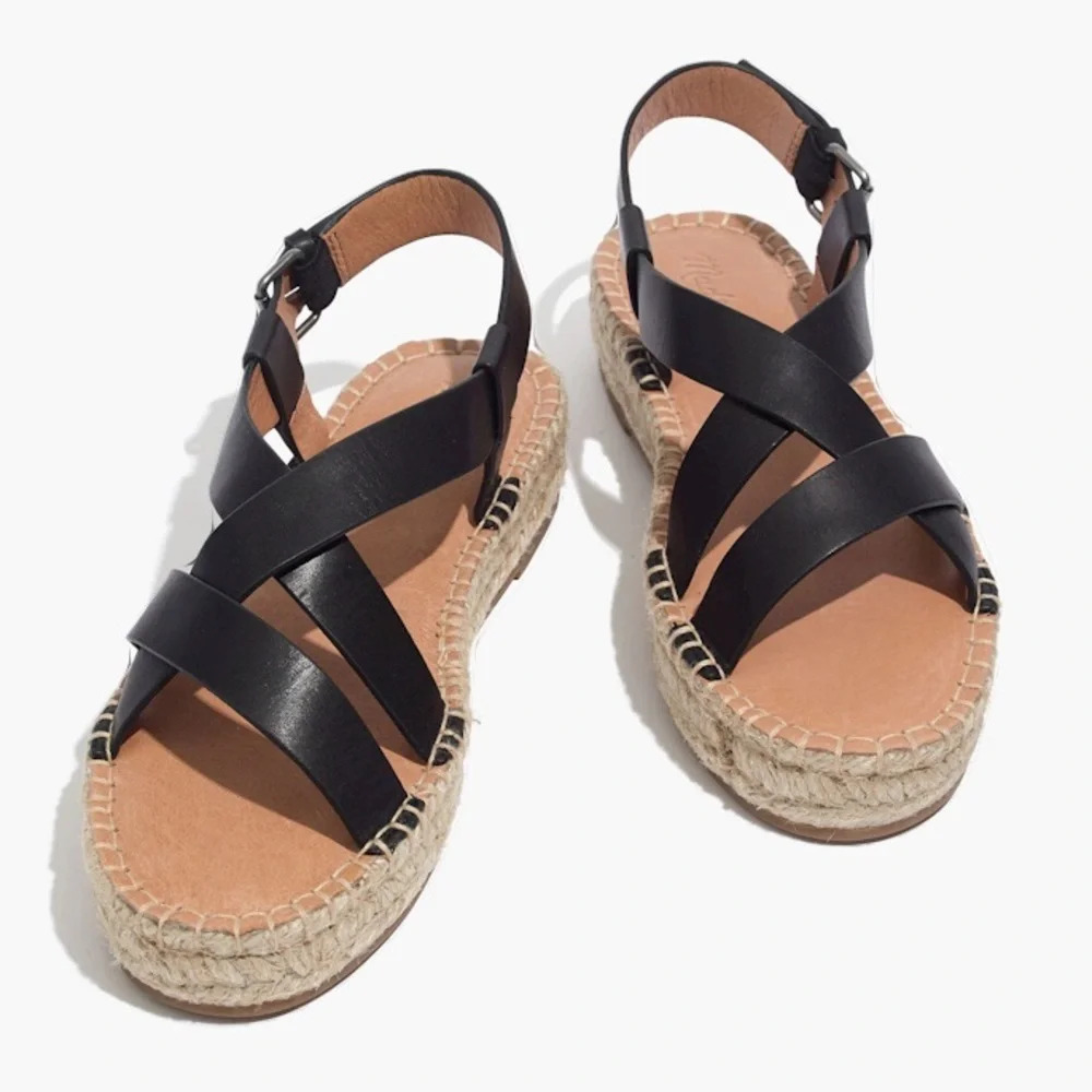 Madewell Malia Black Leather Espadrille Sandals Adjustable‎ Platform Size 9